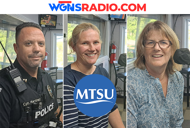MTSU representatives appeared on the WGNS Radio “Action Line” program on Aug. 21. The guests, from left in order of appearance, were Capt. Jeff Martinez of the MTSU Police Department; Dr. Katie Foss, media studies professor and director of the School of Journalism and Strategic Media; and Dr. Kristine McCusker, history professor. (MTSU photo illustration by Jimmy Hart)