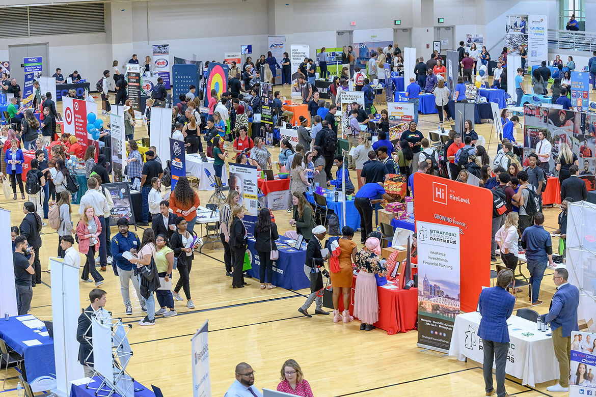 Representatives from almost 180 employers network with the 1,000-plus Middle Tennessee State University students and alumni Thursday, Sept. 28, at the 2023 Fall Career Fair hosted by the MTSU Career Development Center inside the Campus Recreation Center. (MTSU photo by J. Intintoli)