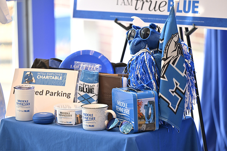 These are some of the True Blue-branded items that will be given away during weekly drawings for participants in 2023-24 Middle Tennessee State University Employee Charitable Giving Campaign, which runs Oct. 1 through Nov. 1, in support of area nonprofit organizations. (MTSU photo by James Cessna)