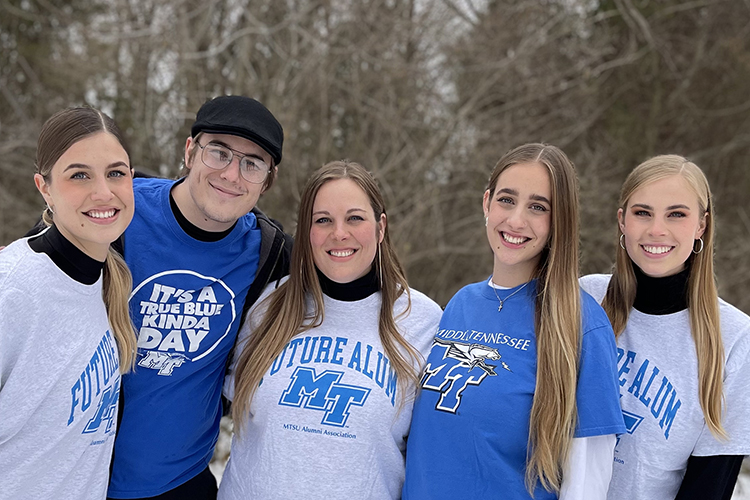 Five of the Fisher siblings get to bump shoulders both at family gatherings and on the Middle Tennessee State University campus in Murfreesboro, Tennessee, where the whole group pursue their education together studying subjects from business to aerospace. The five siblings show off their True Blue spirit in MTSU shirts, from left, Calliope, Joseph, Amanda, Raquel and Gabriela Fisher. (Submitted photo)