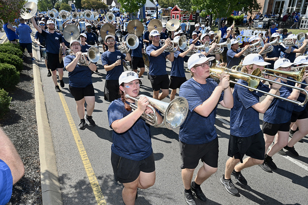 Middle Tennessee State University Band of Blue entertained spectators along Middle Tennessee Boulevard in Murfreesboro, Tenn., on Saturday, Sept. 23, for the 2023 Homecoming Parade. (MTSU photo by J. Intintoli)