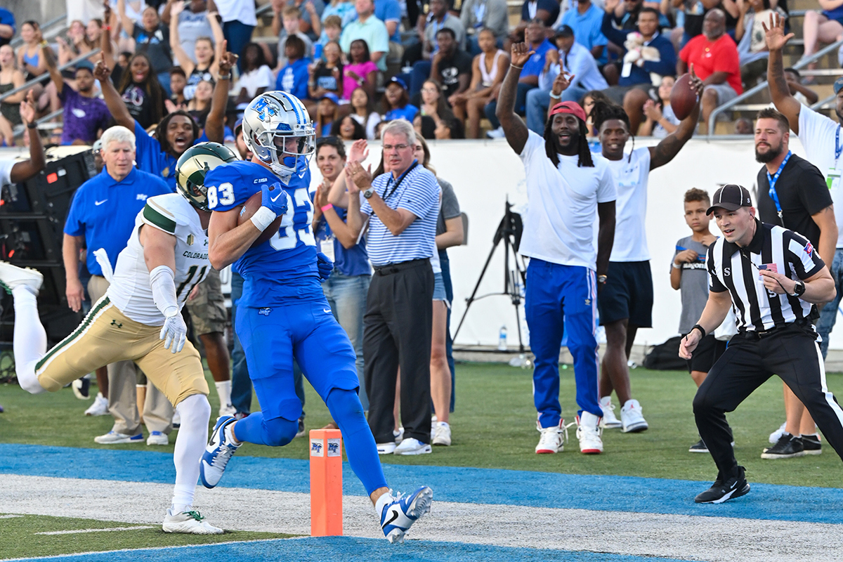 Middle Tennessee State University Blue Raiders wide receiver Holden Willis of Greenback, Tenn.., scores on a 49-yard touchdown pass from quarterback Nicholas Vattiato, giving the Raiders an early 7-3 first-quarter lead Saturday, Sept. 23, in the MTSU Homecoming game against Colorado State. MTSU took on the Rams at Floyd Stadium. (MTSU photo by James Cessna)