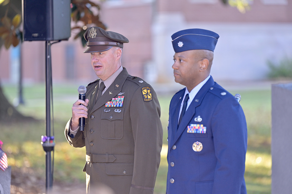 Stephen Cash recount where they were when the U.S. was attacked on Sept. 11, 2001. Wilsher was in Germany and Cash was an MTSU student. Both spoke during the 9/11 Remembrance ceremony at the MTSU Veterans Memorial outside the Tom H. Jackson Building. (MTSU photo by Andy Heidt)