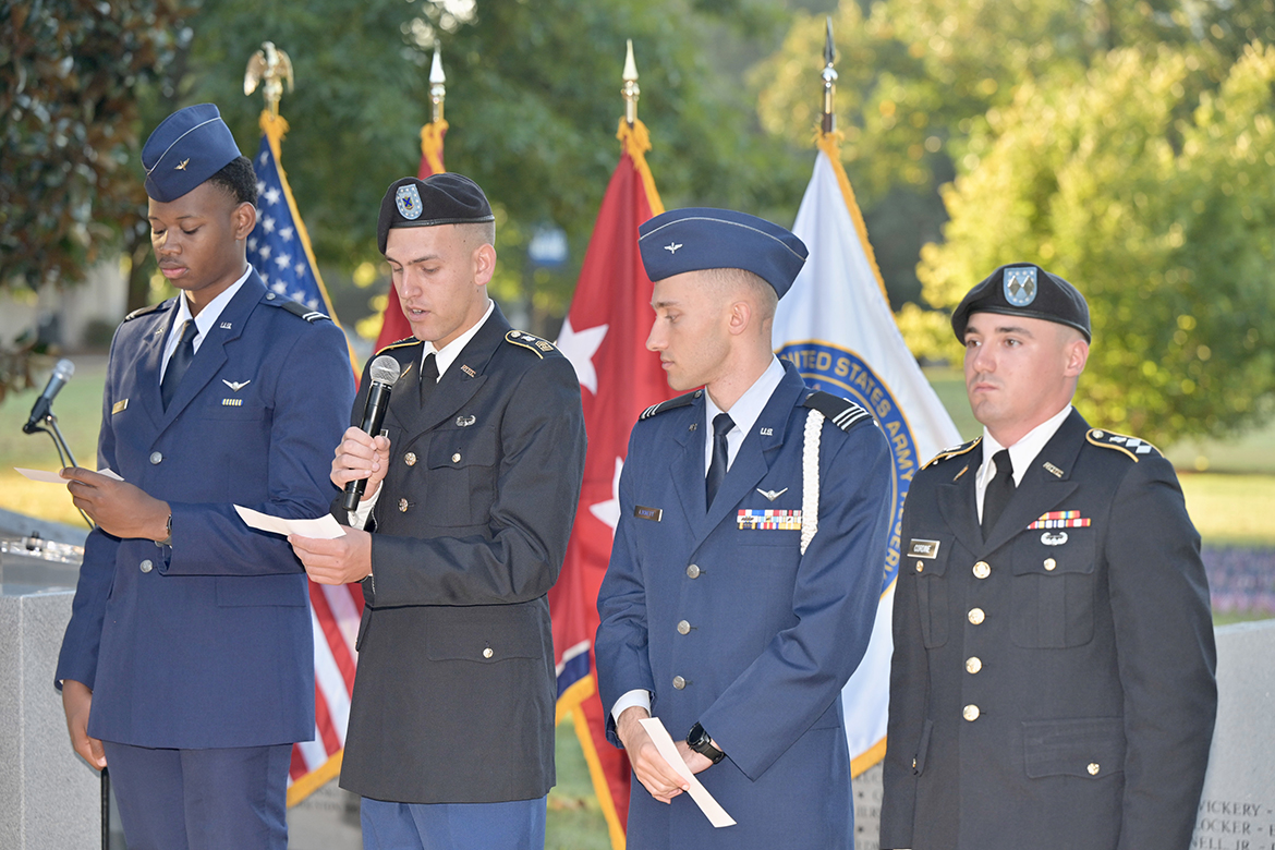 Middle Tennessee State University (Army) and Tennessee State University (Air Force) ROTC cadets read the timeline of the events and attacks on the U.S. on Sept. 11, 2001, during the ninth annual 9/11 Remembrance ceremony at the MTSU Veterans Memorial outside the Tom H. Jackson Building on Monday, Sept. 11. (MTSU photo by Andy Heidt)
