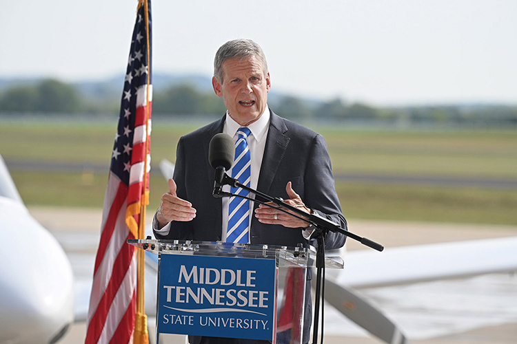 Tennessee Gov. Bill Lee addresses a crowd of 200-plus attendees Thursday, Sept. 21, during the MTSU Shelbyville announcement of the university’s Aerospace Campus pending construction and move to Shelbyville Municipal Airport. A combined $62.2 million in state ($57.2 million) and university ($5 million) funding has paved the way for the move. (MTSU photo by J. Intintoli)