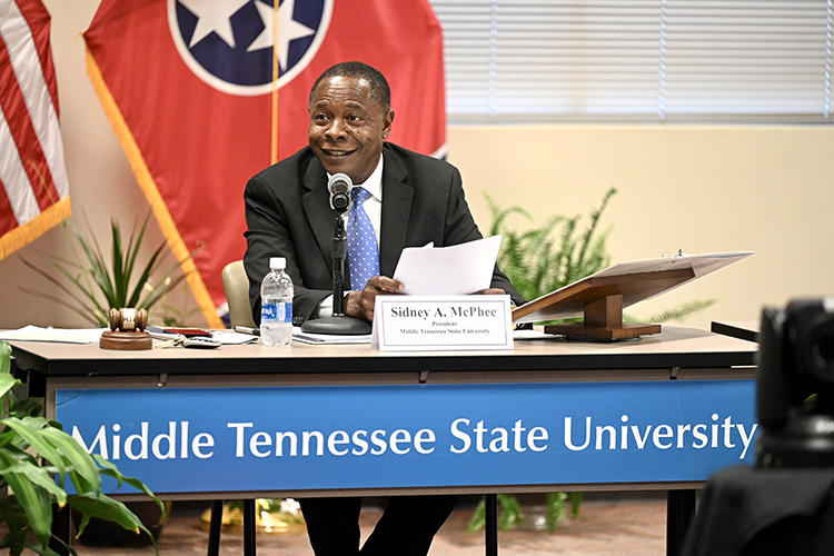 Middle Tennessee State University President Sidney A. McPhee smiles while giving his report during the MTSU Board of Trustees quarterly meeting held Tuesday, Sept. 12, at the Miller Education Center on Bell Street. (MTSU photo by J. Intintoli)