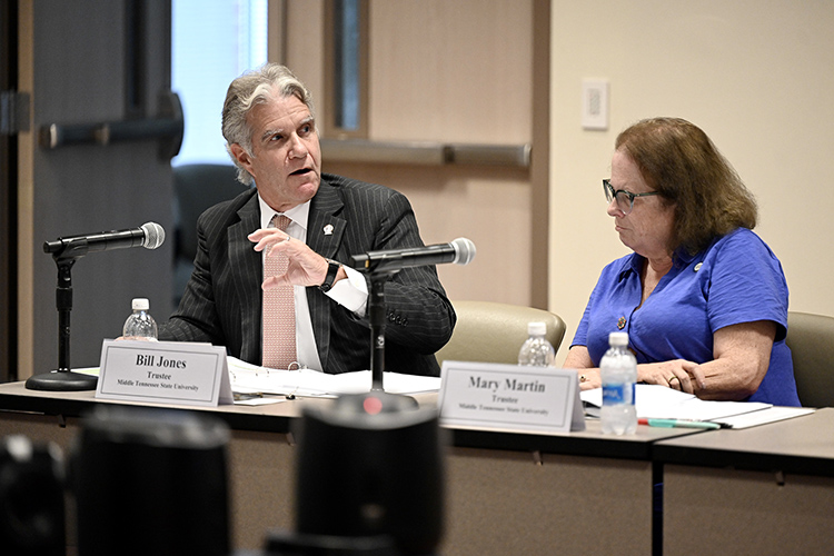 Middle Tennessee State University Trustee Bill Jones, left, makes a point during the board’s quarterly meeting held Tuesday, Sept. 12, at the Miller Education Center on Bell Street. At right is Faculty Trustee Mary Martin. (MTSU photo by J. Intintoli)