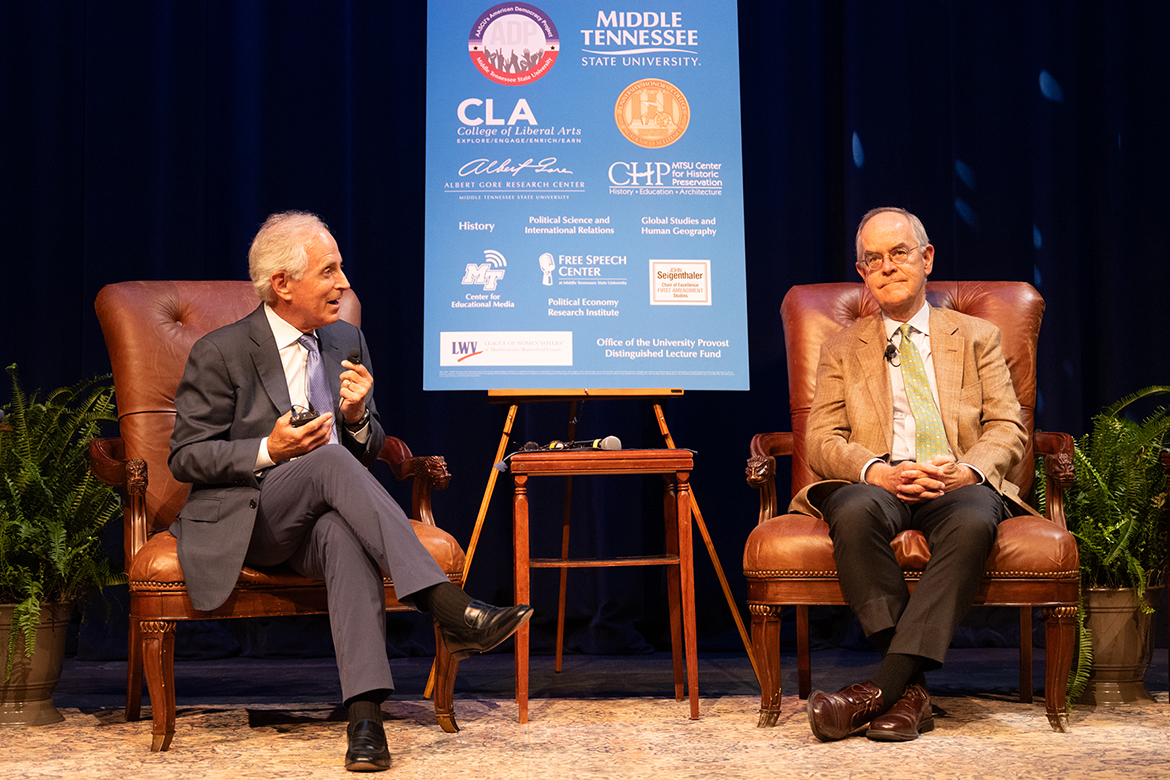 Former U.S. Sen. Bob Corker, left, and Congressman Jim Cooper speak to the audience on the topics of "Common Sense Civics: Can We All Work Together Again to Solve America's Problems?" at Middle Tennessee State University's annual Constitution Day commemorative program held Monday, Sept. 18, 2023, in Tucker Theatre. (MTSU photo by James Cessna)