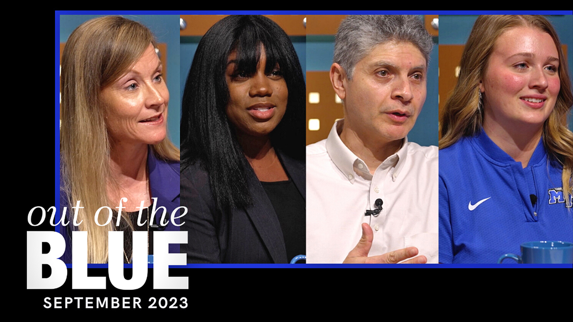 Guests on the September 2023 edition of “MTSU Out of the Blue” include, from left and in order of appearance, Beka Crockett with MTSU’s Career Development Center director, and Miranda Mitchell, talent acquisition manager for Enterprise Rent-A-Car; Rodrigo Gomez, associate professor of media arts; and student Bretlyn Warner, and the new president of the Blue Zoo student pep section. (MTSU photo illustration by Joseph Poe)