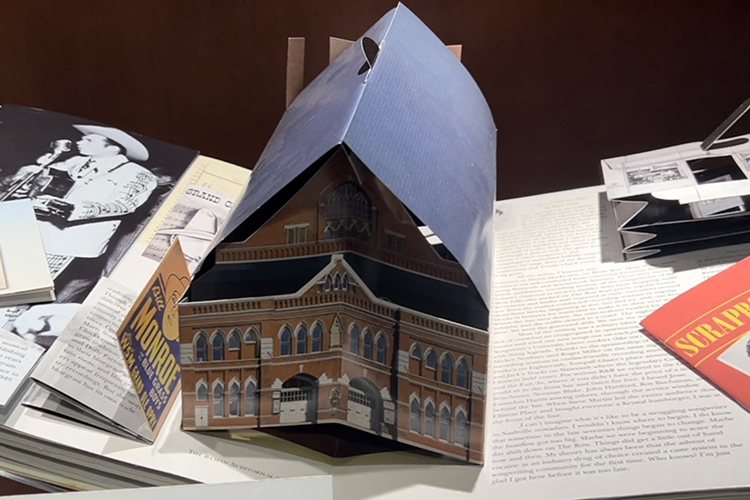 This pop-up book of the historic Ryman Auditorium is on display in the music section of the Middle Tennessee State University's James E. Walker Library Special Collections exhibit, "Making Connections: Exploring Hidden Collections in Special Collections," now open to the public on the library’s fourth floor through Dec. 14, 2023. (MTSU photo by Nancy DeGennaro)