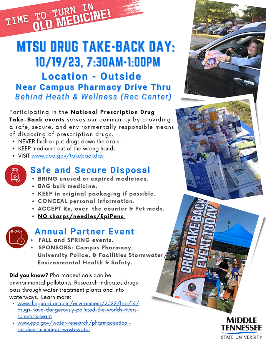 MTSU fall 2023 Prescription Drug Take-Back Day flyer