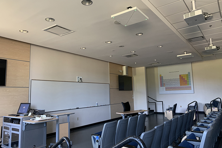 Middle Tennessee State University has outfitted over 250 classrooms with the TeamConnect Ceiling 2 microphones from audio technology vendor Sennheiser, with two installed in large lecture halls like this one. (Submitted photo)
