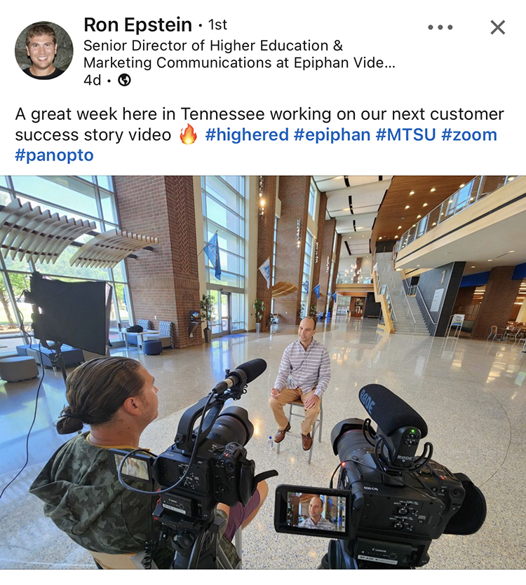 This social media post from audiovisual equipment manufacturer Epiphan shows their interview with James Copeland, Middle Tennessee State University’s director of classroom technology, in the MTSU Student Union Atrium for a case study testimonial about MTSU’s innovations in classroom technology upgrades using Epiphan products. (Submitted photo)