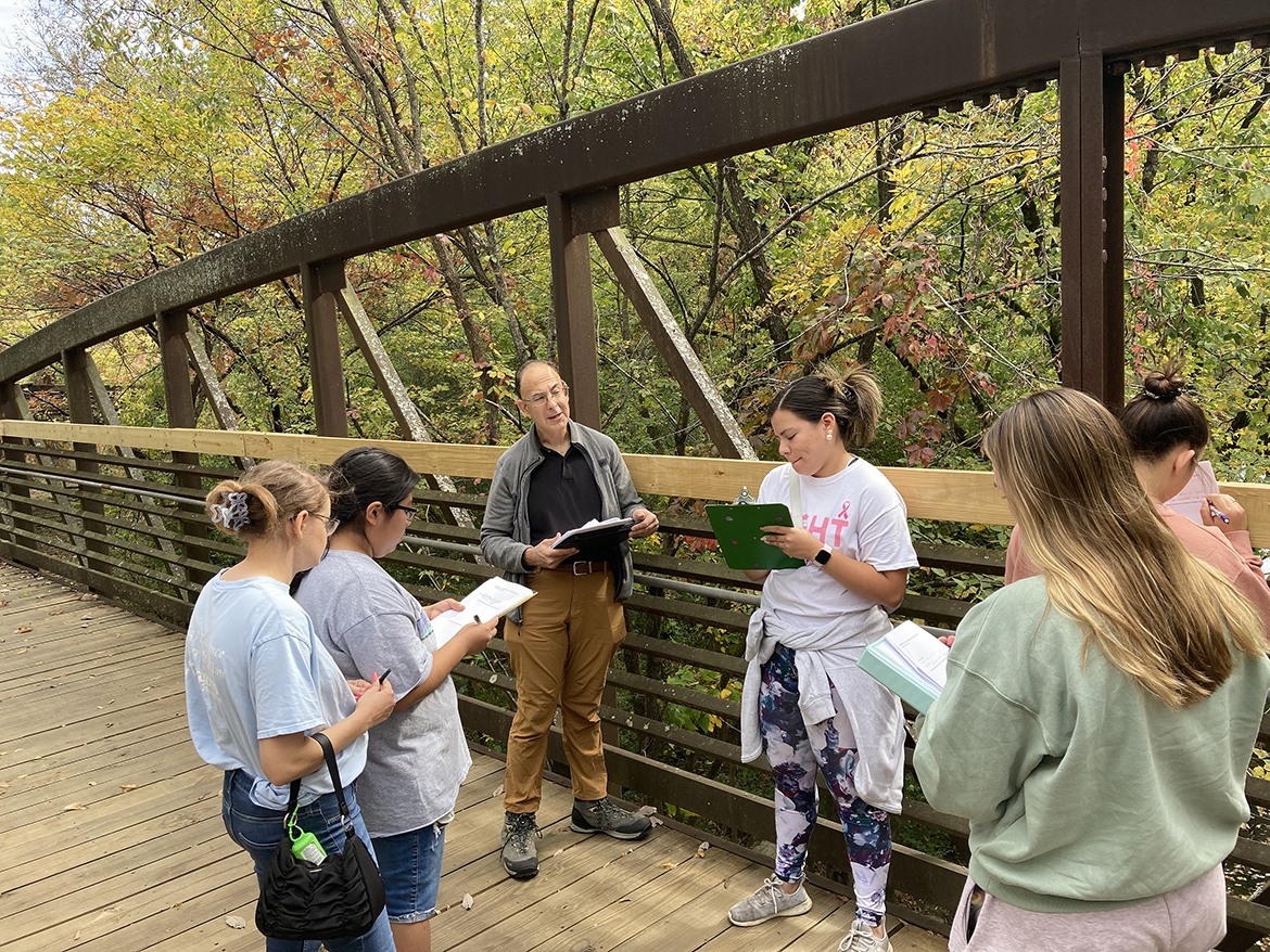 Middle Tennessee State University Geosciences professor Mark Abolins, center, leads a group of students on a walking tour of the Murfreesboro Greenway in October 2022 as part of the Tennessee STEAM Festival celebrating the fields of science, technology, engineering, arts and math. At 10 a.m. Saturday, Oct. 21, beginning at the Fortress Rosecrans Trailhead on the greenway, people can meet to experience an hourlong walk back in time. (Submitted photo)