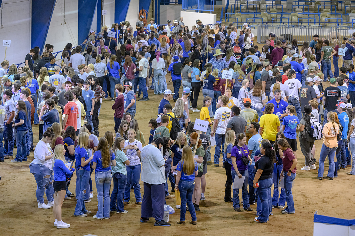A crowd of nearly 600 high school students from East, Middle and West Tennessee, prepares to head to their individual competitions as part of the Middle Tennessee State University School of Agriculture Raider Roundup Wednesday, Sept. 27, in the Tennessee Livestock Center main arena. The event was hosted by MTSU Collegiate FFA.(MTSU photo by J. Intintoli)