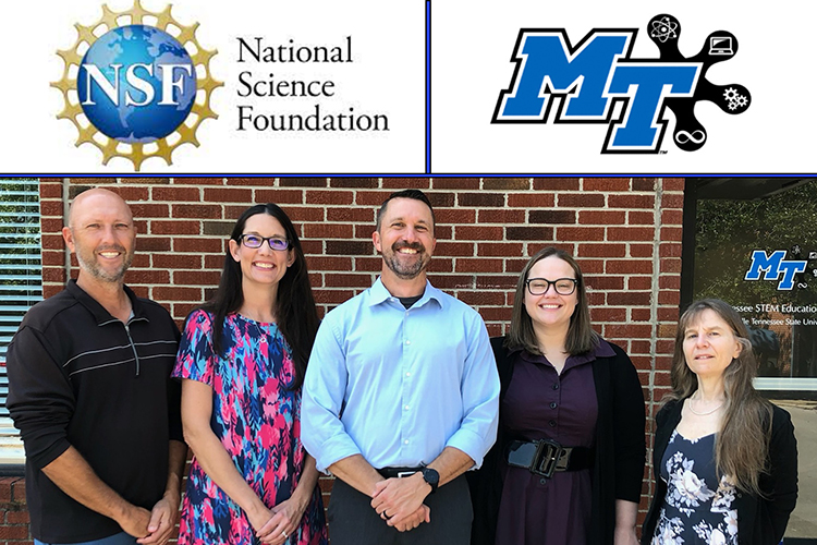 Middle Tennessee State University STEM-education researchers and faculty, from left, Greg Rushton, chemistry professor and direction of MTSU’s Tennessee STEM education center; Sarah Bleiler-Baxter, mathematics professor; Grant Gardner, biology professor; Liz Barnes, assistant biology professor; and Jennifer Kaplan, mathematics professor, recently landed a $1.25 million National Science Foundation grant to develop four post-doctoral candidates into STEM-education researchers. (MTSU graphic illustration by Stephanie Wagner)