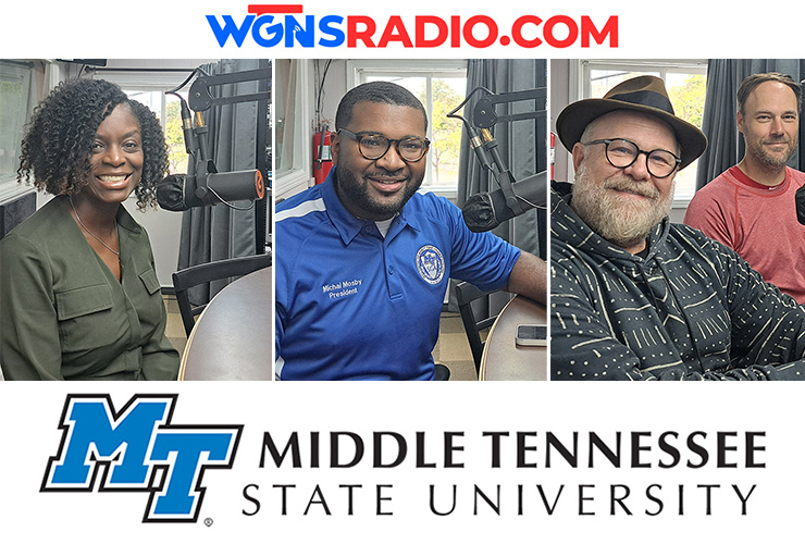 MTSU representatives appeared on the WGNS Radio “Action Line” program on Oct. 16. The guests, from left in order of appearance, were Dr. Neporcha Cone, dean of the College of Education; Michai Mosby, Student Government Association president; and Bill Steber, photojournalist and alumnus, and Shannon Randol, assistant photography professor and curator for the Baldwin Photographic Gallery. (MTSU photo illustration by Jimmy Hart)