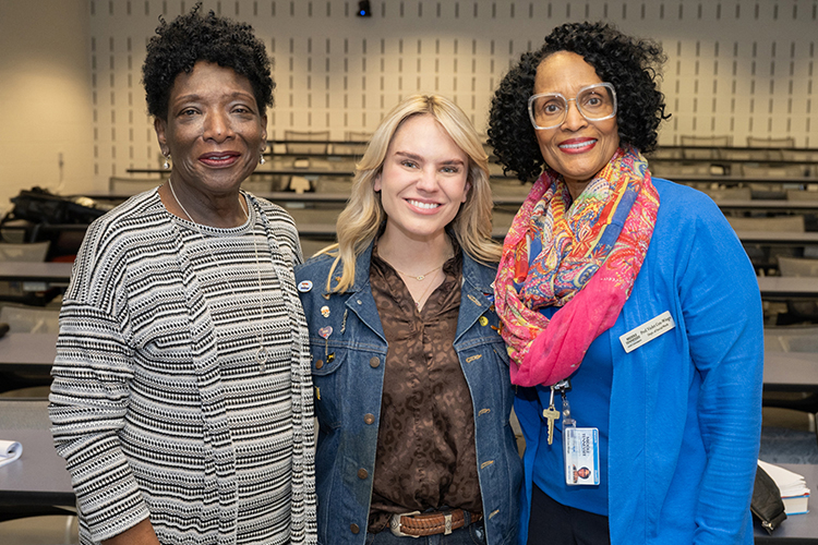 State Rep. Aftyn Behn, center, stands with Middle Tennessee State University Department of Social Work Chair Cathy McElderry, left, and social work lecturer Violet Cox-Wingo, following a lecture held Nov. 2, 2023, at Cason-Kennedy Nursing Building on campus. (MTSU photo by James Cessna)
