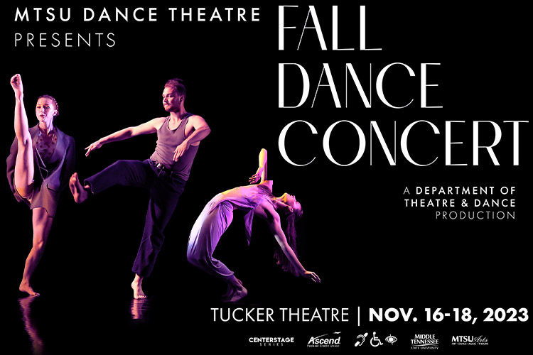 MTSU Dance Program students performing in the 2023 Fall Dance Concert are, from left, Rachel Osucha, Trey Kirris and Avery Biddle. (Photo by Martin O'Connor/Illustration by Aaron Johnson)