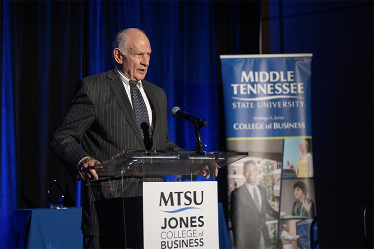 Aubrey Harwell Jr., holder of the Jennings A. Jones Chair of Excellence in Free Enterprise, gives remarks at the Jones College of Business Leadership Awards Ceremony held Oct. 19, 2023, at Embassy Suites in Murfreesboro, Tenn. (MTSU photo by Cat Curtis Murphy)