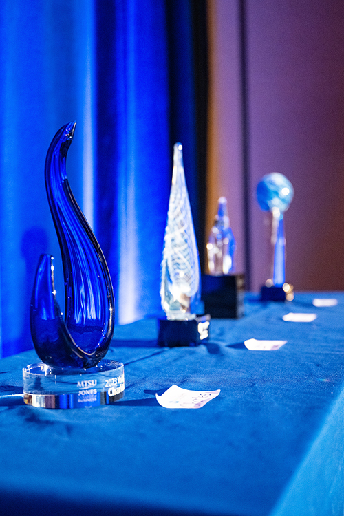 Four special awards await Middle Tennessee State University alumni at the Jones College of Business Leadership Awards Ceremony held Oct. 19, 2023, at Embassy Suites in Murfreesboro, Tenn. (MTSU photo by Cat Curtis Murphy)