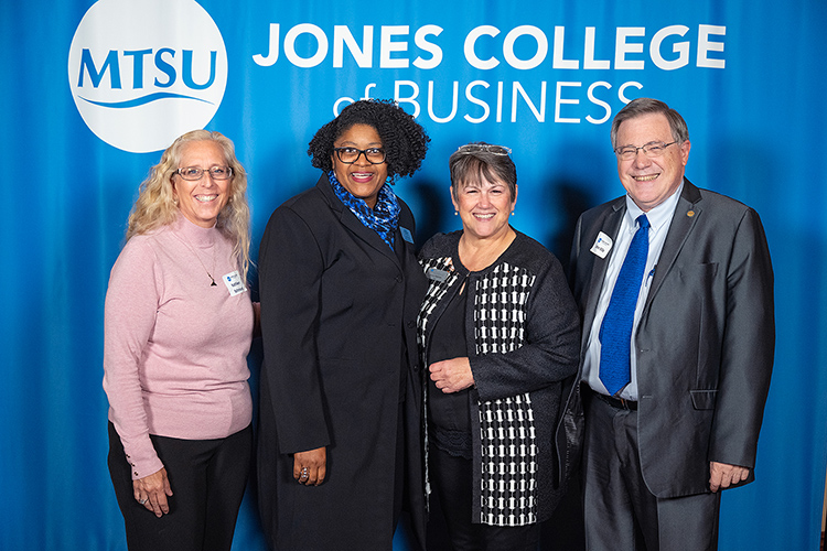 From left, Middle Tennessee State University’s Kathleen Schmand, dean of the James E. Walker Library; College of Liberal Arts Dean Leah Tolbert Lyons; Jones College Dean Joyce Heames; and Honors College Dean John Vile pose for a photo at the Jones College’s Leadership Awards Ceremony held Oct. 19, 2023, at Embassy Suites in Murfreesboro, Tenn. (MTSU photo by Cat Curtis Murphy)