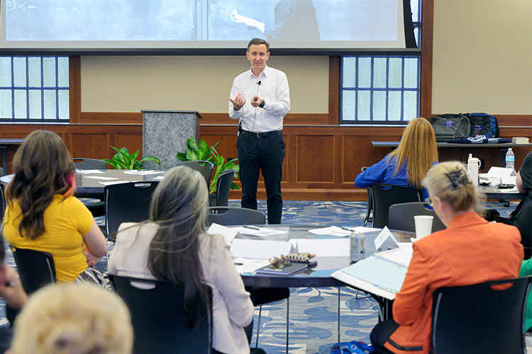 Elon University history professor Peter Felten speaks at the MT Engage faculty and staff workshop held Sept. 29, 2023, bout “Relationship-Rich Education: How Human Connections Drive Success in College,” a book he co-authored with Leo M. Lambert.  (MTSU photo by Andy Heidt)