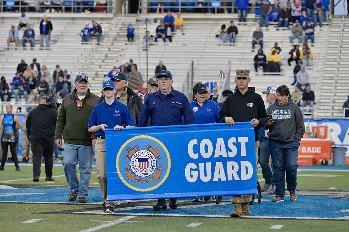 Saturday, Nov. 11, at the 41st annual Middle Tennessee State University Salute to Veterans and Armed Forces game. The MTSU Band of Blue performed military-themed songs as they crossed the field. (MTSU photo by Andy Heidt)