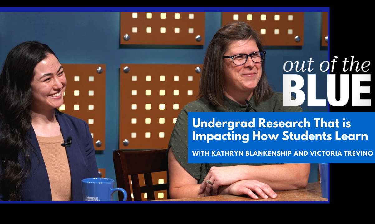 Kathryn Blankenship, professor of Speech-Language Pathology and Audiology at Middle Tennessee State University, right, and Victoria Trevino, program senior, were featured on the November 2023 episode of MTSU’s “Out of the Blue” television show to discuss the program and its opportunities for undergraduate research. (MTSU graphic illustration by Joseph Poe)