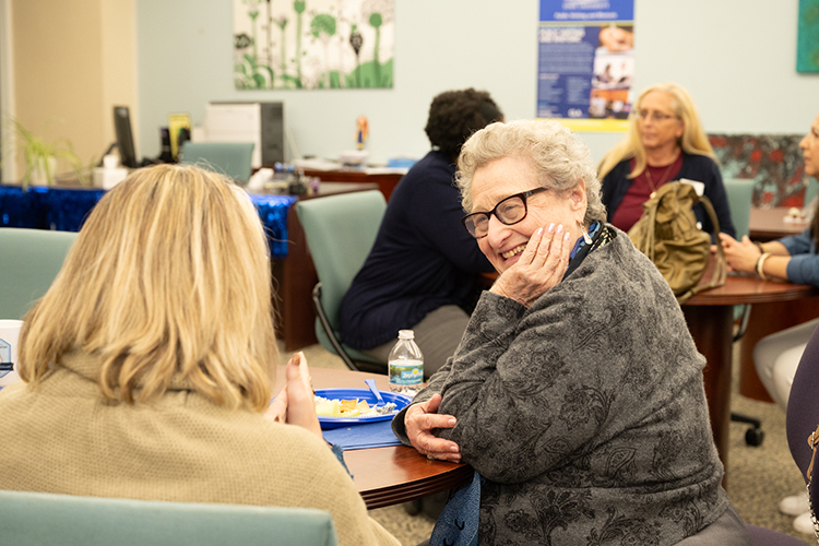 Margaret H. Ordoubadian, right, Middle Tennessee State University professor emerita and namesake of MTSU’s University Writing Center, enjoys conversation while attending a celebration for the center’s 45th anniversary on Oct. 24, 2023, at the James E. Walker Library on campus. (MTSU photo by James Cessna)