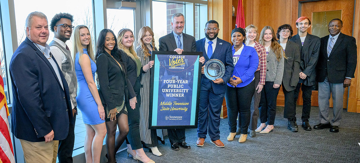 Tennessee Secretary of State presents MTSU with third straight college voter registration competition award