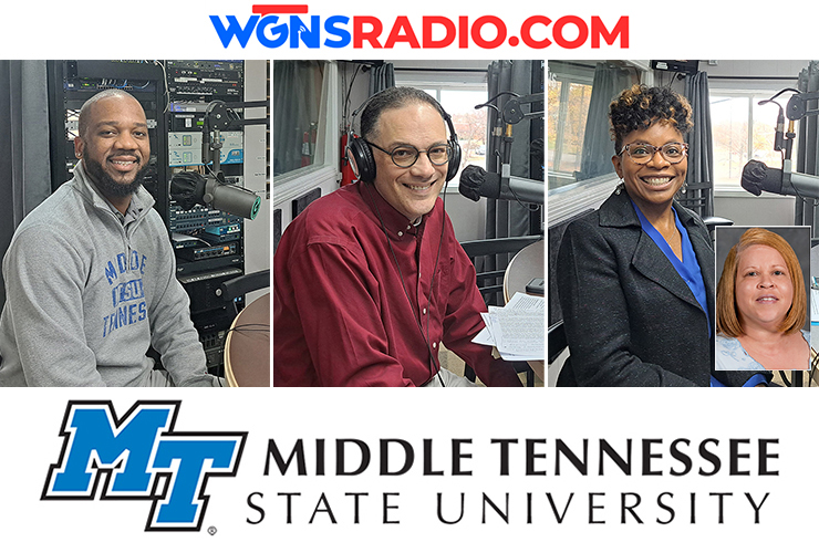 MTSU representatives appeared on the WGNS Radio “Action Line” program on Nov. 20. The guests, from left in order of appearance, were Tony Strode, MTSU undergraduate recruitment director; Dr. Sean Foley, history professor; and Chandra Story, interim chair of the Department of Health and Human Performance. Participating with Story by phone was Dr. Carmelita Dotson (headshot inset right). (MTSU photo illustration by Jimmy Hart)
