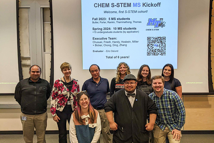 The first cohort of Middle Tennessee State University chemistry students to earn scholarships through the new National Science Foundation-funded S-STEM program pose for a photo with some of the program’s faculty leaders. Pictured in back row, from left, are Souvik Banerjee, professor Andrienne Friedli, associate professor Charles Chusuei, Alexandria Rankin, Ryleigh Porter and Hannah Butler. Pictured in front row, from left, are Katy Hosbein, Joshua Thammathong and Jacob Thomas. (Submitted photo)
