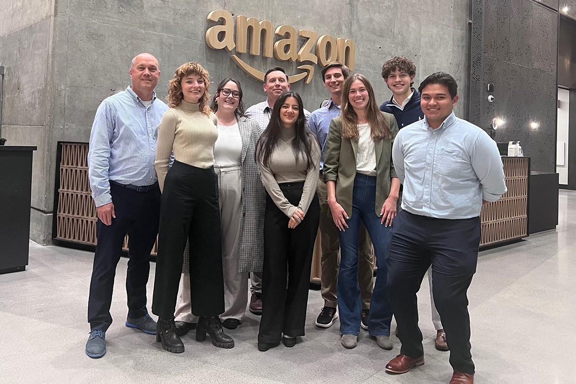 Amazon manager and Middle Tennessee State University alumnus Nathan Swartz, rear center, gathers with Jones College of Business students and MTSU Director of Corporate Engagements Brad Tammen, far left, at Amazon’s Nashville, Tenn., headquarters in early December. Students pictured with them, from left, included Syd Panak, Olivia May, Havjin Barkhan, Chase Holmes, Jonathan Dunn, and Jose Rivera. (Submitted photo)