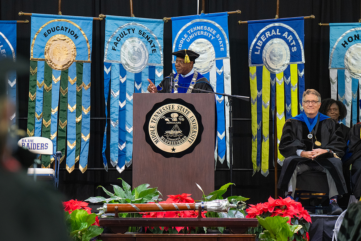 Middle Tennessee State University President Sidney A. McPhee addresses members of the first Class of 2023 inside Murphy Center during the university’s fall commencement ceremonies. MTSU presented more than 1,761 undergrad and graduate degrees to students in two ceremonies held Dec. 16. (MTSU photo by Cat Curtis Murphy)