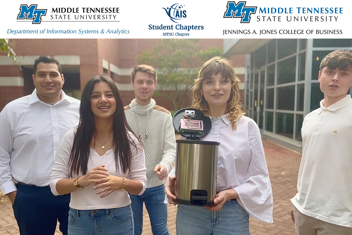 In this YouTube video screen capture, the team of Middle Tennessee State University students conclude their video presentation for their first-place entry in a competition at the virtual AIS 2023 Student Chapter Leadership Conference. Pictured, from left, are Alberto Melchor, Havjin Barkhan, Avery Wriedt, Syd Panak and Gabriel Kapu. Panak is holding a prototype of their Wise-X waste management product. (Courtesy of YouTube)