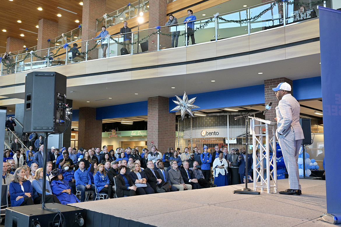 New Middle Tennessee State University head football coach Derek Mason addresses the crowd of supporters and media Wednesday, Dec. 6, after being introduced as the new leader of the football program during a press conference in Student Union Building. (MTSU photo by J. Intintoli)