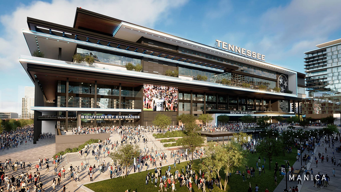 An architectural rendering of the exterior of the new Tennessee Titans Nissan Stadium, to open in 2027 on the East Bank next to the Cumberland River in Nashville, Tenn. Middle Tennessee State University Concrete Industry Management program alumni Paul Lawson with Turner Construction and Reggie Polk with saw their respective companies named as two of four Tennessee Builders Alliance partners in the future construction of the NFL Titans’ future $2.1 billion stadium. (Graphic by Manica Architecture)