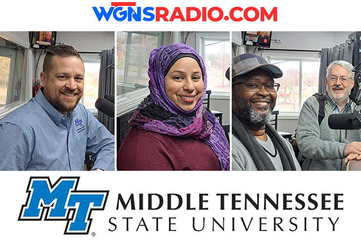 MTSU representatives appeared on the WGNS Radio “Action Line” program on Oct. 16. The guests, from left in order of appearance, were Dr. Ben Stickle, professor of criminal justice administration; Dr. Sam Zaza, associate professor of information systems and analytics; and Jason McGowan, oral historian at the Albert Gore Research Center, and center director, Dr. Louis Kyriakoudes. (MTSU photo illustration by Jimmy Hart)