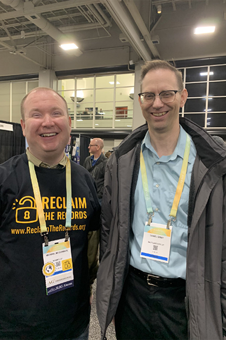Michael McCormick, left, Middle Tennessee State University Ph.D. public history candidate, takes a photo with a former coworker at RootsTech 2023, a three-day global family history event in Salt Lake City, Utah, during his internship work with nonprofit Reclaim the Records to get over 100 years of Maryland vital records released. (Submitted photo)