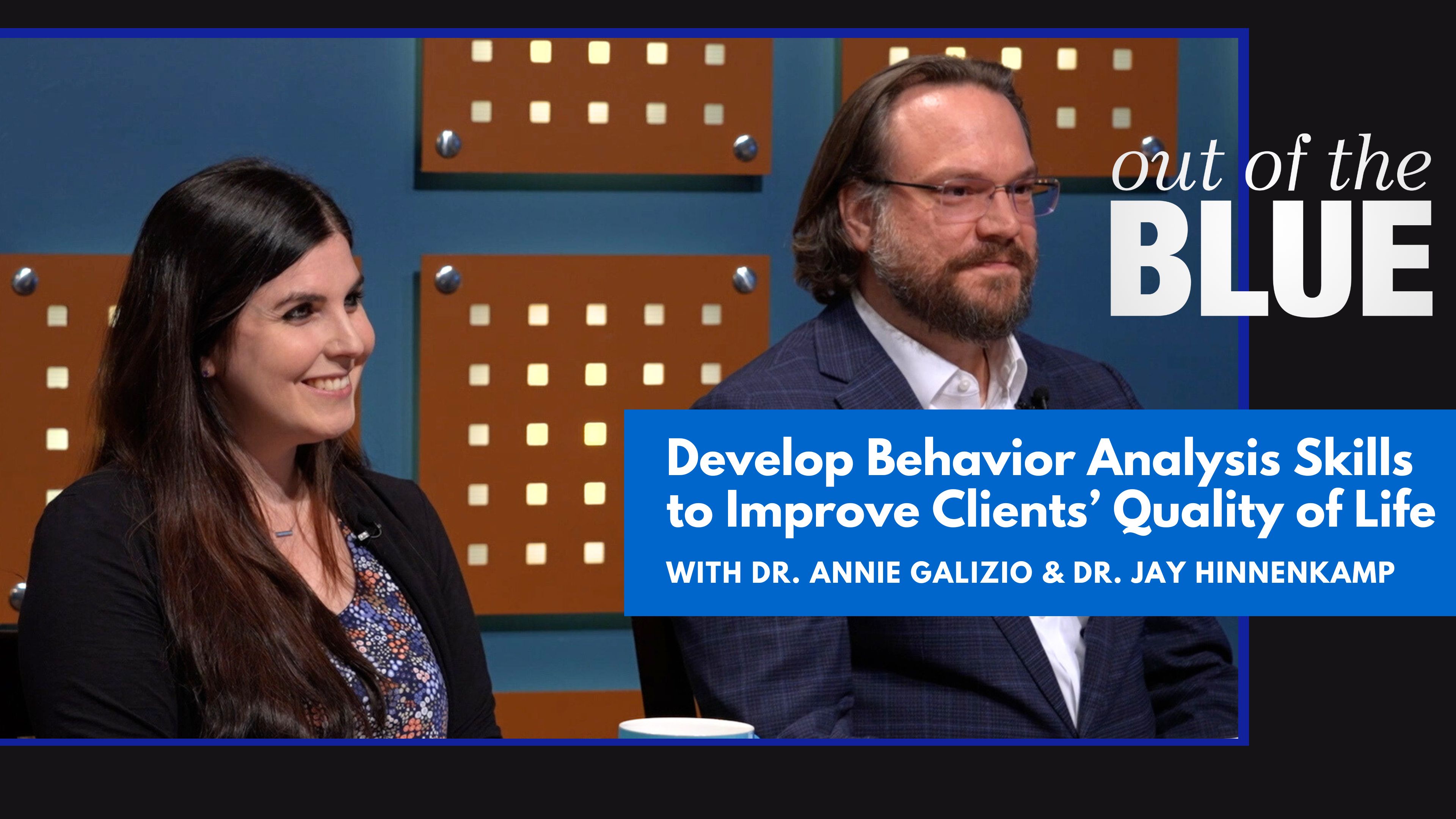 Annie Galizio and Jay Hinnenkamp, both assistant professors in the Department of Psychology at MTSU, were featured on the January 2024 episode of MTSU’s “Out of the Blue” television show to talk with host Andrew Oppmann about the Applied Behavior Analysis Program. (MTSU graphic illustration by Rachel Byrnes)