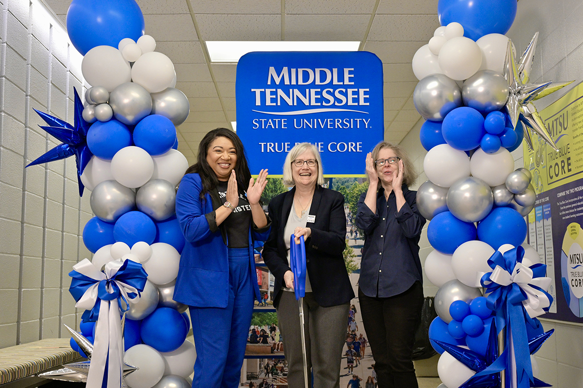 Celebrating the ribbon cutting and introduction of the new True Blue Core, Middle Tennessee State University's new general education requirements, are, from left, Dr. Christiana Cobb, Dr. Susan Myers-Shirk (TBC director) and True Blue Core Committee Chair Dr. Ann McCullough, at the event held Feb. 26 on campus. (MTSU photo by Andy Heidt)
