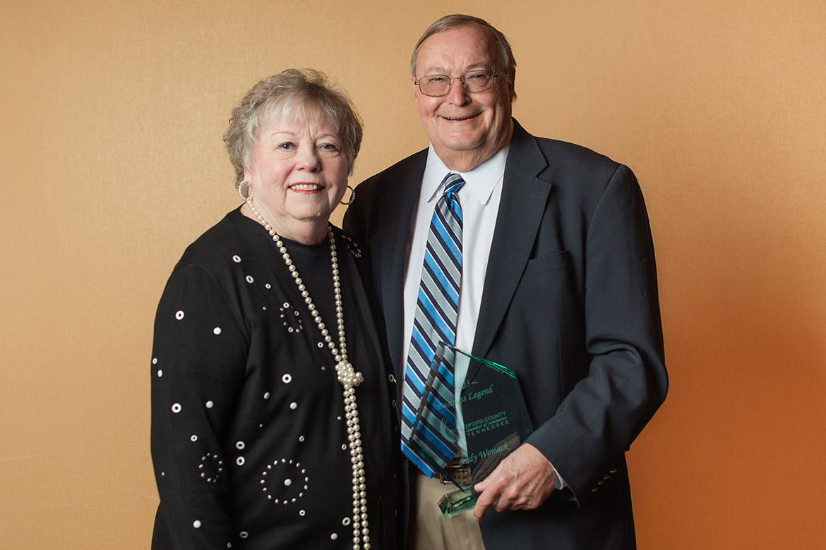 Andy Womack, joined by his wife, Cherry Womack, was honored as the 2024 Rutherford County Chamber of Commerce Business Legend of the Year in an awards ceremony held Feb. 15 at Embassy Suites Hotel & Conference Center in Murfreesboro, Tenn. (Photo courtesy of Angel Pardue Photography)