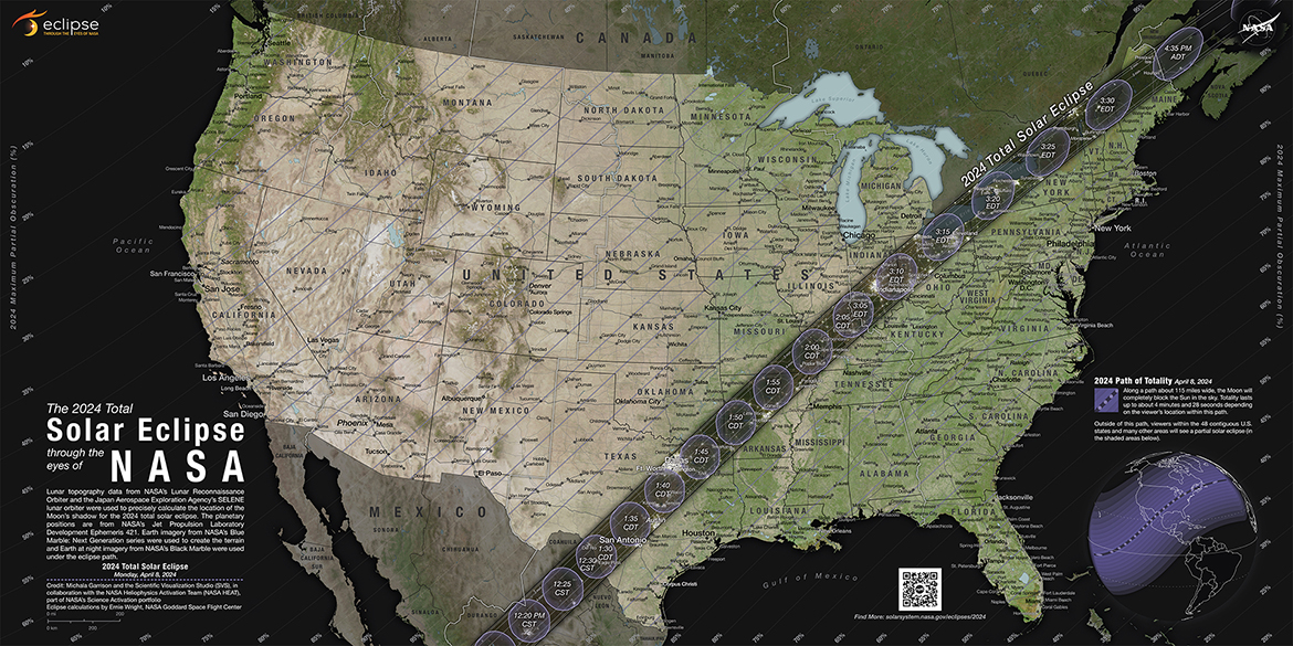 From Texas to Maine, the April 8 total solar eclipse will cross the central U.S. Murfreesboro and Midstate residents will have to travel out of state to view the total eclipse. Learn details about the total solar eclipse from Department of Physics and Astronomy professor Chuck Higgins at 6:30 p.m. Friday, March 1, in Wiser-Patten Science Hall on the Middle Tennessee State University campus. (Graphic provided by NASA)