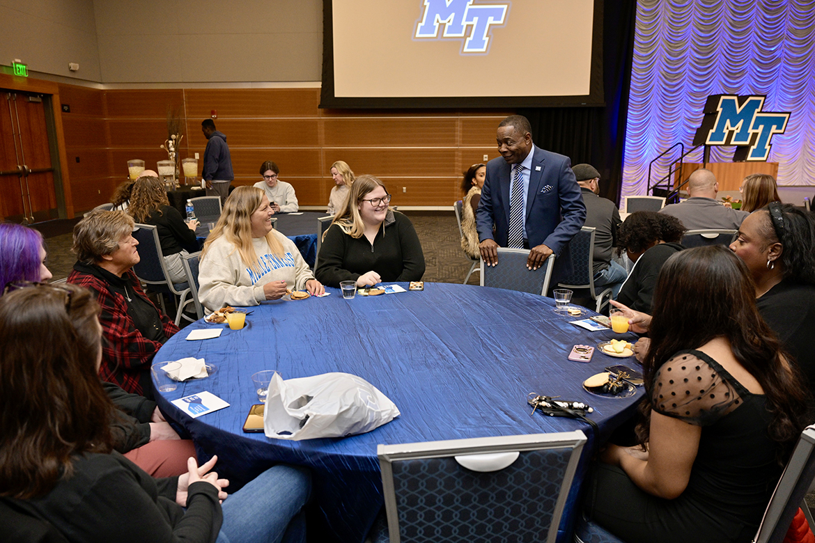Middle Tennessee State University President Sidney A. McPhee visits with 2024-25 major scholarship recipients and their parents Monday, Feb. 19, during the annual President’s Celebration of Scholars in the Student Union Ballroom. MTSU welcomed more than 100 high school students who have received scholarships for the 2024-25 academic year. (MTSU photo by Andy Heidt)