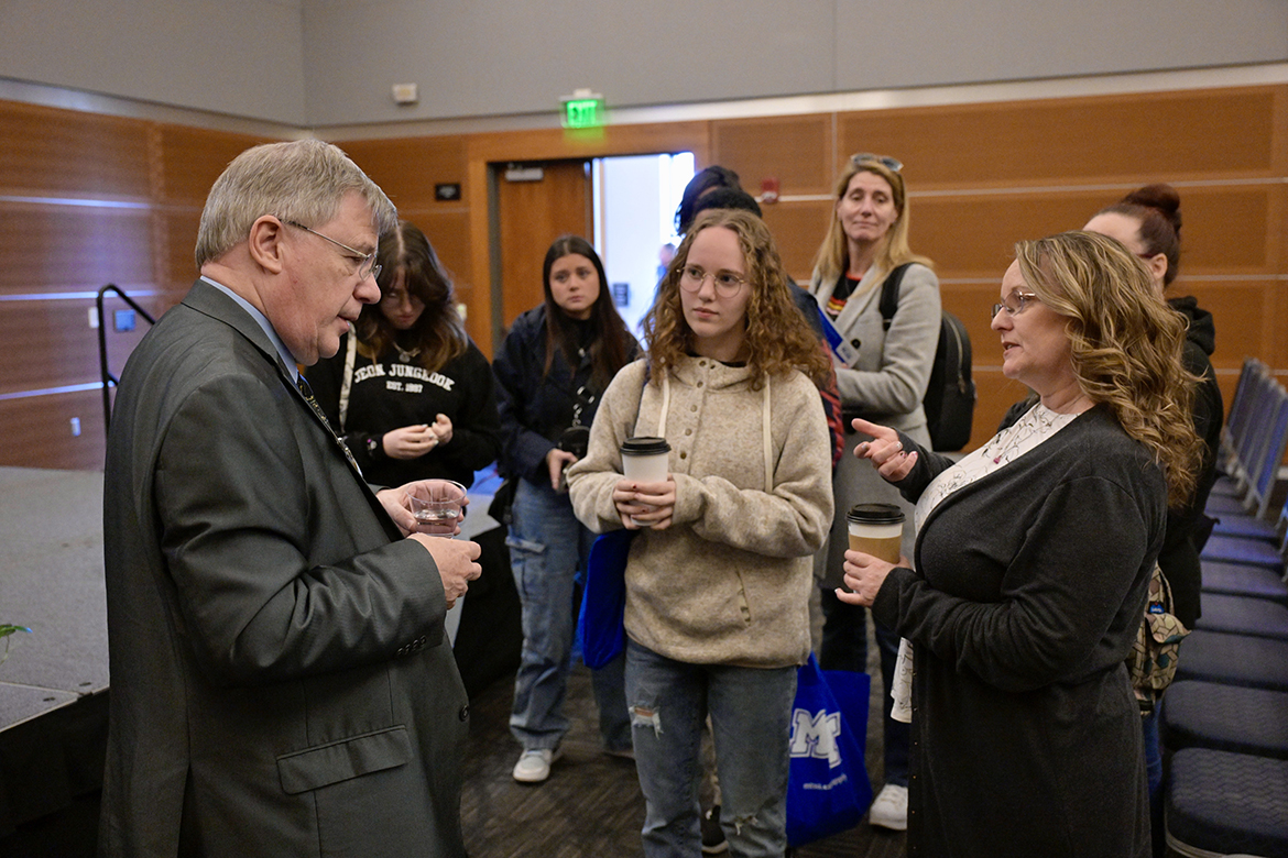 Middle Tennessee State University Honors College Dean John Vile, left, answers questions from prospective students and their parents attending the annual Honors College Open House, held Monday, Feb. 19, in the Student Union Ballroom and various parts of campus. (MTSU photo by Andy Heidt)