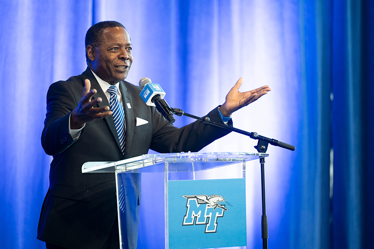 Middle Tennessee University President Sidney A. McPhee addresses the crowd inside Murphy Center Thursday, Feb. 1, as part of the ribbon-cutting ceremony for the new $8 million Outdoor Tennis Complex on the north side of Murphy Center. (MTSU photo by James Cessna)