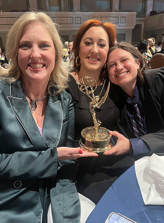 From left, Middle Tennessee State University’s Beverly Keel, dean of the College of Media and Entertainment; Recording Industry assistant professor Bess Rogers; and Media Arts associate professor Allie Sultan share a moment of joy while holding the regional Emmy Award the university received for its "We Do It All" commercial Saturday, Feb. 17, at the 38th annual Nashville/MidSouth Emmy Awards ceremony at Nashville’s Schermerhorn Symphony Center. (MTSU photo by Andrew Oppmann)
