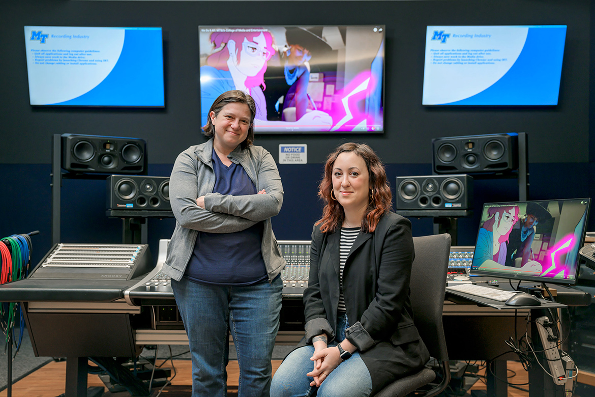Middle Tennessee State University's Allie Sultan, left, Media Arts associate professor, and Bess Rogers, Recording Industry assistant professor, are shown in Studio D on campus. Sultan and Rogers have been nominated for a regional Emmy for their work with students on a Media and Entertainment-produced commercial for MTSU. (MTSU photo by Andy Heidt)