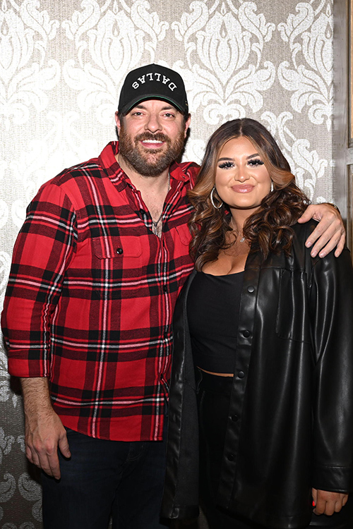 Middle Tennessee State University alumnus and country music superstar Chris Young, left, share a moment with fellow alum and rising country artist Jaelee Roberts during a meet-and-greet Feb. 7 at Blake Shelton’s Ole Red restaurant and live music venue in downtown Nashville, Tenn. Both performed at a special Music in the City event hosted by Nashville Lifestyles magazine. (MTSU photo by James Cessna)